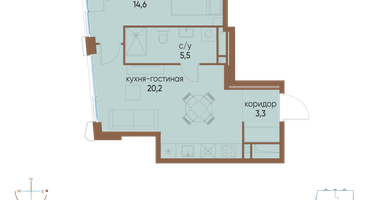 1-к. квартира, 43&nbsp;м²