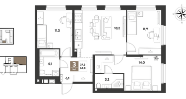 3-к. квартира, 68 м²