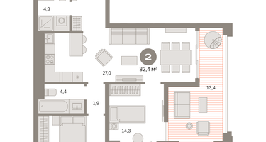 2-к. квартира, 83&nbsp;м²
