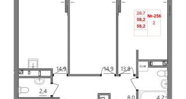 2-к. квартира, 58 м²