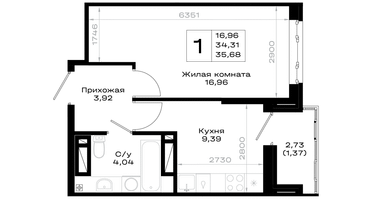 1-к. квартира, 35&nbsp;м²