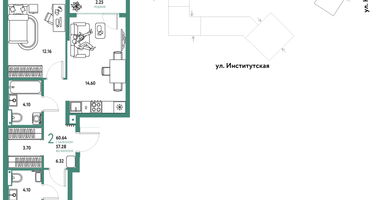 2-к. квартира, 60&nbsp;м²