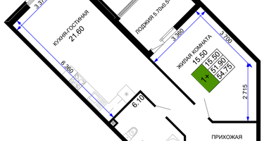 1-к. квартира, 54&nbsp;м²