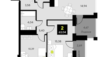 2-к. квартира, 63&nbsp;м²