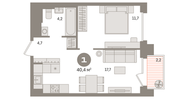 1-к. квартира, 40 м²