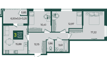 3-к. квартира, 82&nbsp;м²
