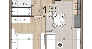 1-к. квартира, 41&nbsp;м²