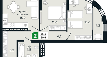 2-к. квартира, 59&nbsp;м²