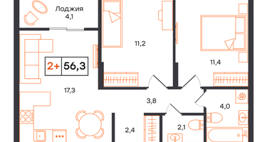 2-к. квартира, 56 м²