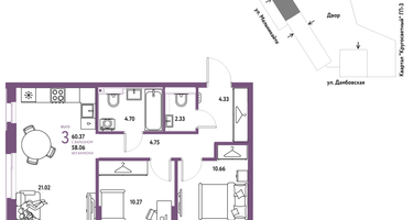 3-к. квартира, 60 м²