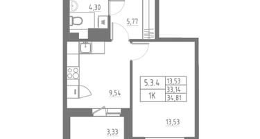 1-к. квартира, 34&nbsp;м²