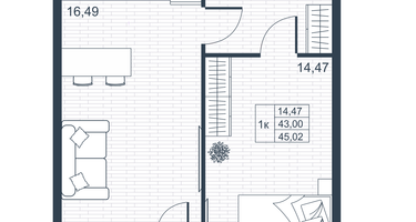 1-к. квартира, 42&nbsp;м²