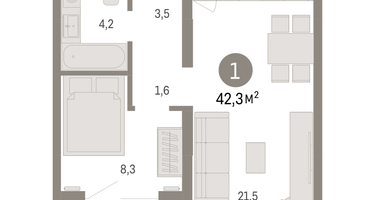 1-к. квартира, 42 м²