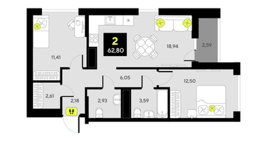2-к. квартира, 62&nbsp;м²