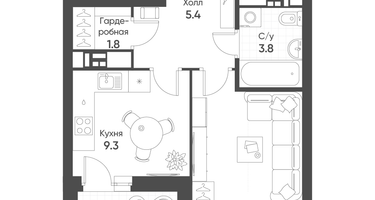 1-к. квартира, 34&nbsp;м²