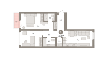 2-к. квартира, 73&nbsp;м²