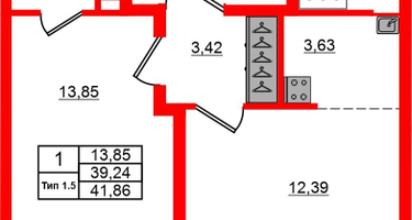 1-к. квартира, 39&nbsp;м²
