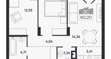 3-к. квартира, 60 м²