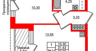 1-к. квартира, 31&nbsp;м²