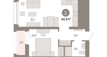 1-к. квартира, 44&nbsp;м²