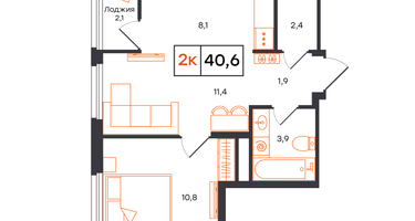 2-к. квартира, 40 м²