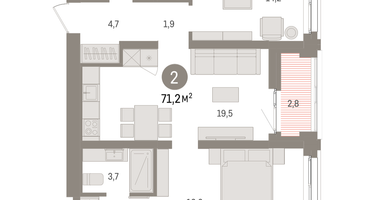 2-к. квартира, 71&nbsp;м²