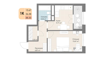 1-к. квартира, 38&nbsp;м²