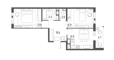 2-к. квартира, 58 м²
