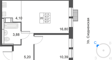 2-к. квартира, 40 м²