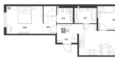2-к. квартира, 61 м²