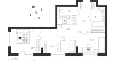 3-к. квартира, 59&nbsp;м²