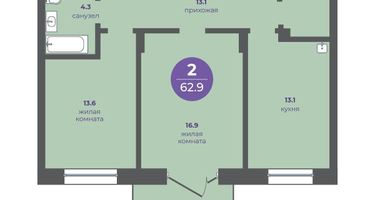 2-к. квартира, 62 м²