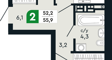 2-к. квартира, 55&nbsp;м²