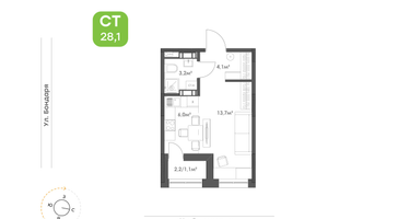 1-к. квартира, 28&nbsp;м²