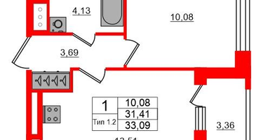 1-к. квартира, 31 м²