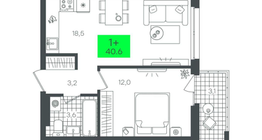 1-к. квартира, 40 м²