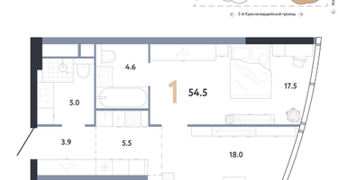 1-к. квартира, 54&nbsp;м²