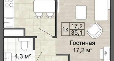 1-к. квартира, 35 м²