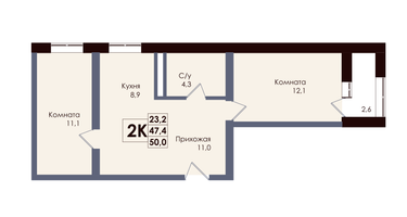 2-к. квартира, 48 м²