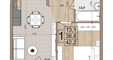 1-к. квартира, 42&nbsp;м²