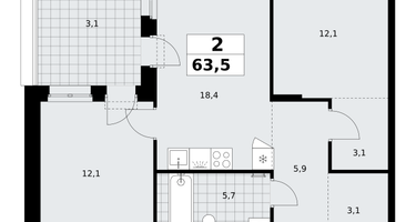 2-к. квартира, 63&nbsp;м²