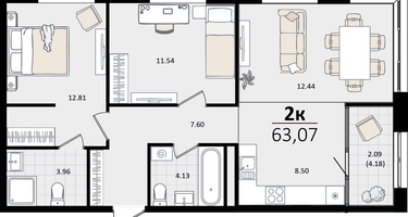 3-к. квартира, 63 м²