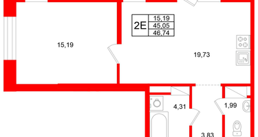 1-к. квартира, 46&nbsp;м²