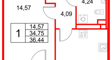 1-к. квартира, 36&nbsp;м²