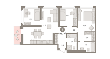 3-к. квартира, 94 м²