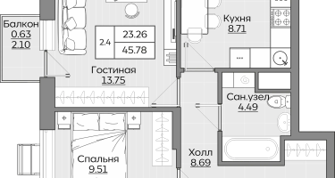 2-к. квартира, 45&nbsp;м²