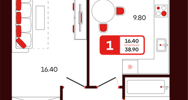 1-к. квартира, 38&nbsp;м²