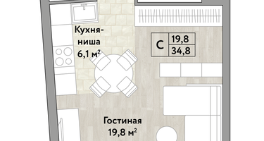 Студия, 34 м²