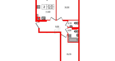 2-к. квартира, 61&nbsp;м²