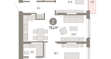 2-к. квартира, 75&nbsp;м²